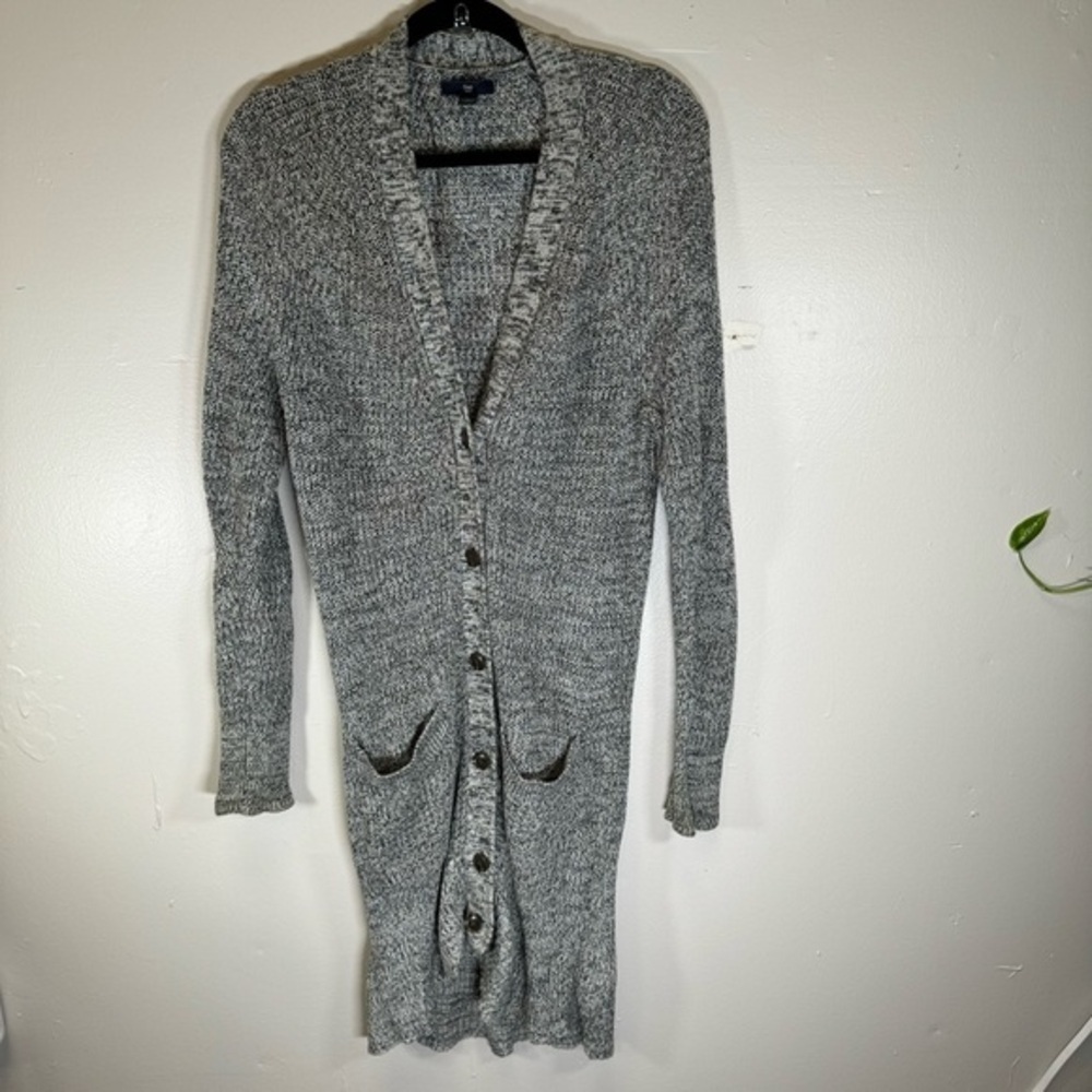 GAP long line knit duster cardigan sweater marled black gray buttons pockets XS